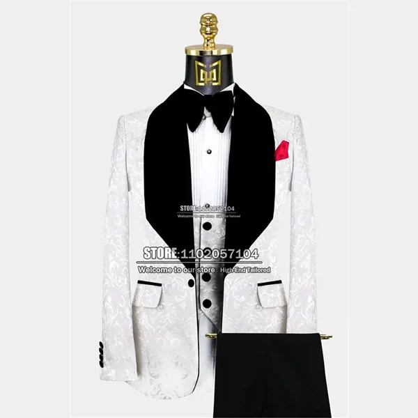 Мужской Жаккардовый костюм для жениха, черный пиджак с воротником, жилет и брюки, деловой смокинг для свадьбы, белого цвета, 2022