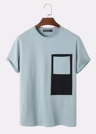 100% хлопок Мужская футболка с коротким рукавом контрастных цветов с карманами в стиле пэчворк