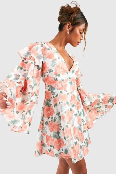 Платье-прошивка с рукавами и цветочным шифоном Boohoo, коралловый