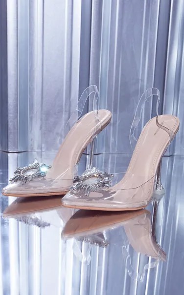 PrettyLittleThing Прозрачные туфли телесного цвета со стразами на пятке и подставке для торта на высоких каблуках