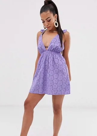 Сиреневый пляжный сарафан с вышивкой ришелье и оборками ASOS DESIGN Petite-Фиолетовый