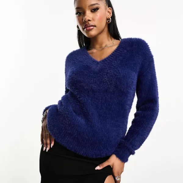 Джемпер Threadbare Ivy Fluffy V Neck Oversized, темно-синий