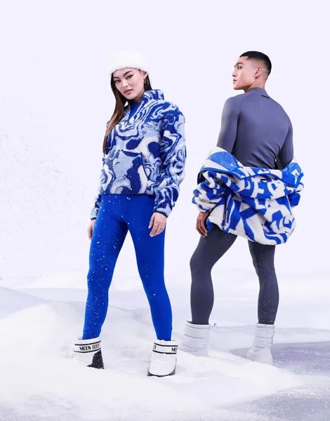 Синий свитшот на молнии 1/4 ASOS 4505 ski borg с принтом в виде завитков