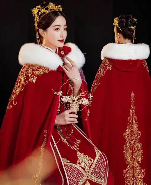 Женская теплая плотная зимняя накидка Hanfu, традиционная китайская бархатная накидка с вышивкой, Женский костюм для косплея, красная накидка...