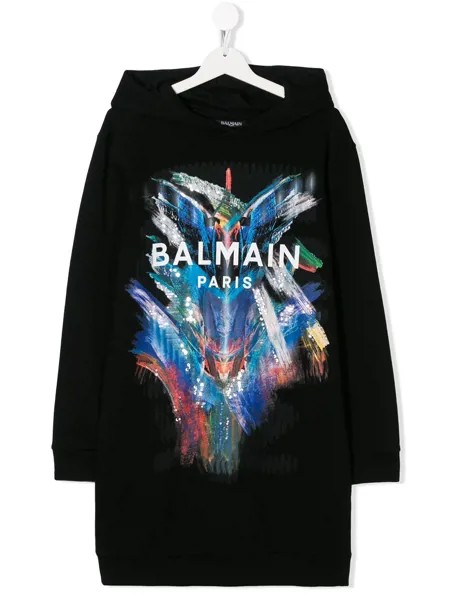 Balmain Kids платье с капюшоном и логотипом