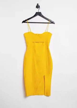 Облегающее платье мини золотисто-желтого цвета с разрезом по бедру и вырезом спереди Vesper-Желтый