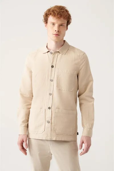 Мужская бежевая однотонная льняная куртка-рубашка с тремя карманами Avva, бежевый