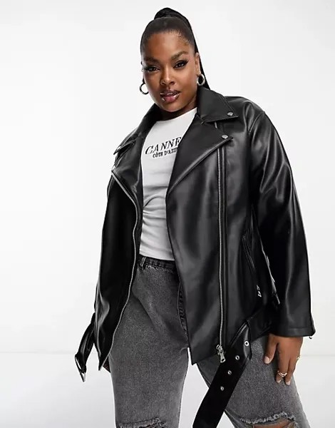 Куртка Asos Design Curve Longline Oversized Faux Leather Biker, черный