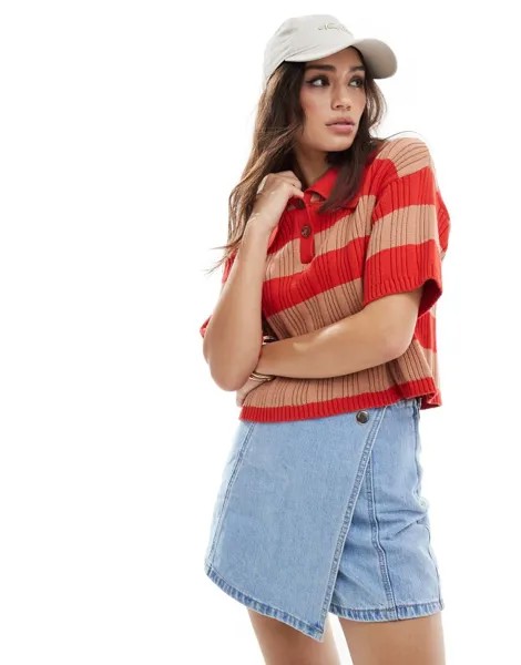 Плиссированное трикотажное поло в оранжево-красную полоску ASOS DESIGN
