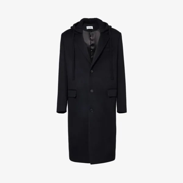 Однобортное пальто с капюшоном из смеси шерсти и кашемира Loewe, черный