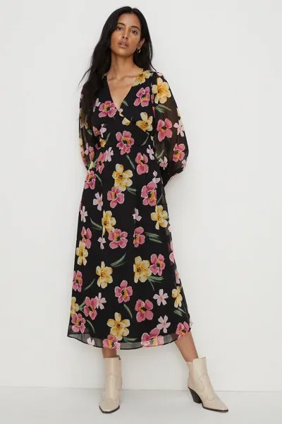 Миниатюрное шифоновое платье-миди с цветочным принтом Oasis, черный