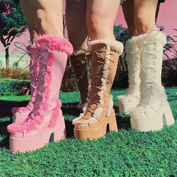 Сапоги на платформе и массивном каблуке, зимние розовые кожаные сапоги до колена на шнуровке с мехом и боковой молнией, Женские однотонные сапоги в стиле панк, 2022