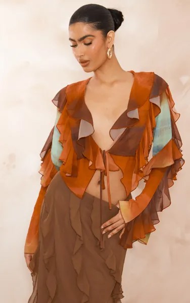 PrettyLittleThing Оранжевая блузка с расклешенными рукавами и завязкой спереди с эффектом омбре
