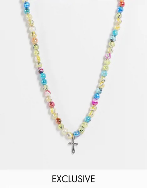 Ожерелье в стиле унисекс из бусин с узором завитков в стиле 90-х с подвеской в виде креста Reclaimed Vintage Inspired-Разноцветный