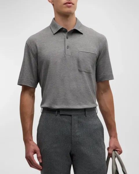 Мужская хлопковая рубашка-поло с карманом с кожаной отделкой ZEGNA, цвет Medium Gray Solid