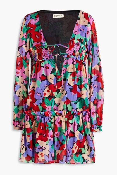Платье мини Brynn со сборками из хлопка и шелковой вуали с цветочным принтом NICHOLAS, разноцветный
