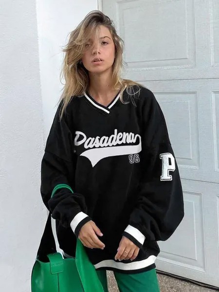 Milanoo Women Hoodie Black Long Sleeves Letters Print V Neck Polyester Hooded Sweatshirt