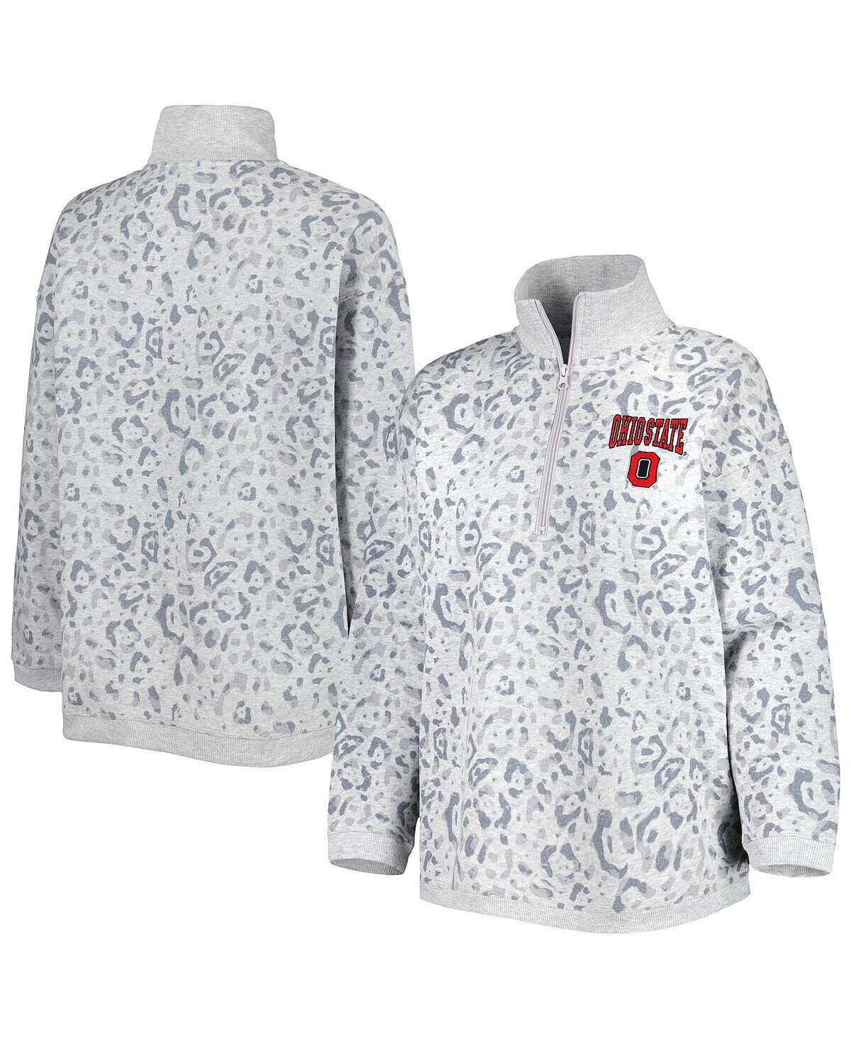 Женский свитшот с леопардовым принтом Heather Grey Ohio State Buckeyes и молнией четверть четверти Gameday Couture
