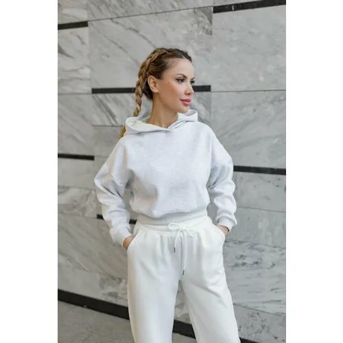 Худи, оверсайз, укороченное, капюшон, размер XS, серый