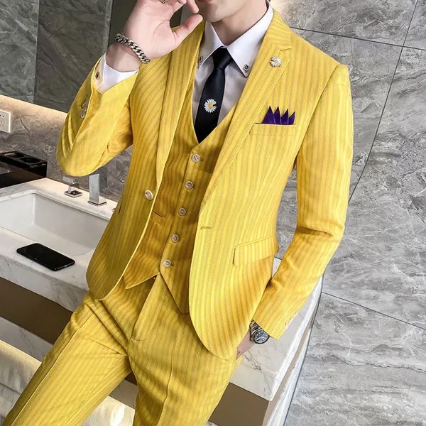 Узкий мужской костюм в полоску 3 шт., дизайн 2022, желтый, розовый, хаки, приталенный костюм, мужские свадебные костюмы, мужские костюмы
