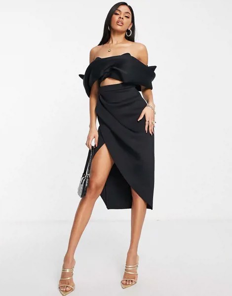 Черное платье-футляр миди из 2 частей с открытыми плечами, запахом и защипами ASOS DESIGN-Черный