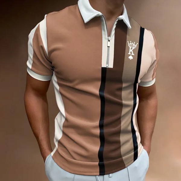 Мужская повседневная рубашка-поло с коротким рукавом на молнии с принтом в полоску King Stripe