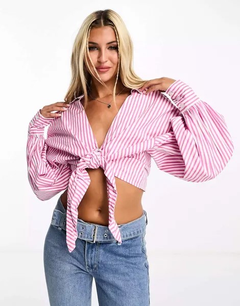 Укороченная рубашка с завязками спереди Influence в розовую полоску