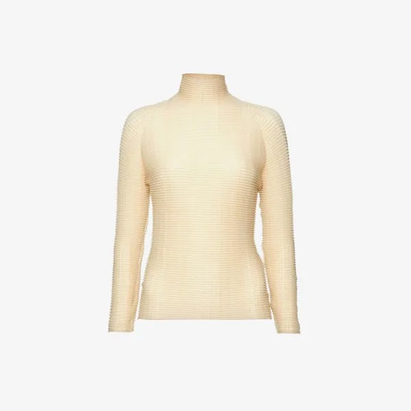 Плиссированный топ из плетеной ткани с высоким воротником Issey Miyake, бежевый
