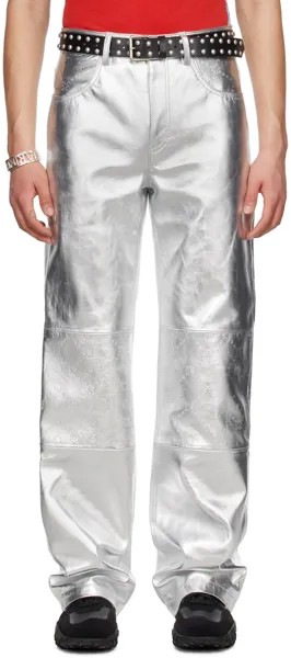 Серебряные кожаные брюки с тиснением Marine Serre
