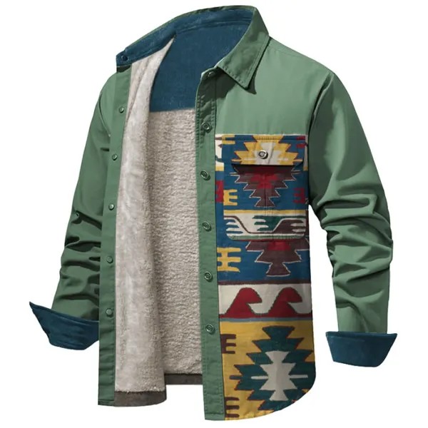 Мужская флисовая куртка-рубашка в стиле ретро с этническим принтом