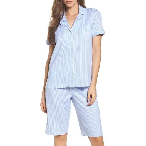 Пижама Ralph Lauren L синяя с белым полоска шорты на кулиске и рубашка с коротким рукавом, кантом и логотипом Womens Printed Cotton Pajama Set Blue