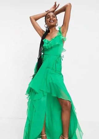 Платье макси с оборками и асимметричным подолом ASOS DESIGN Tall-Зеленый цвет
