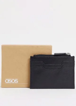 Черный кожаный кошелек для карт на молнии ASOS DESIGN-Черный цвет