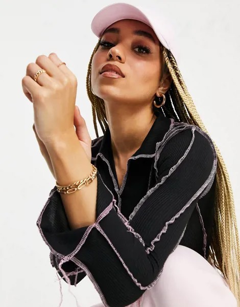 Черная укороченная рубашка в сеточку с контрастной строчкой Missguided-Многоцветный