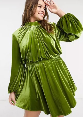 Зеленое бархатное платье-блузон мини с расклешенной юбкой и высоким воротником ASOS LUXE Curve-Зеленый