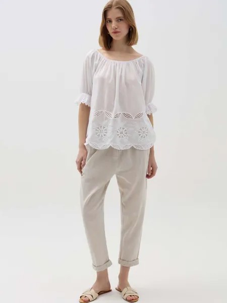 Укороченные джоггеры с отворотами из английской вышивки Hybrid, цвет light beige