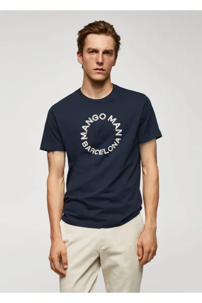 100% хлопок, футболка с логотипом Mango, темно-синий
