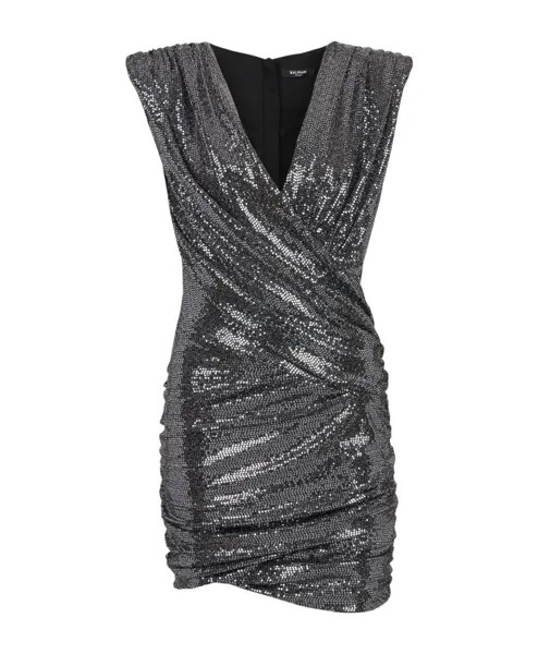 Короткое драпированное платье из джерси с пайетками Balmain, серый