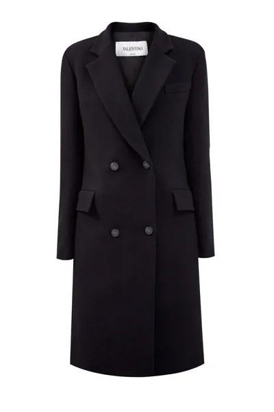 Двубортное пальто из шерстяной ткани с приталенным силуэтом