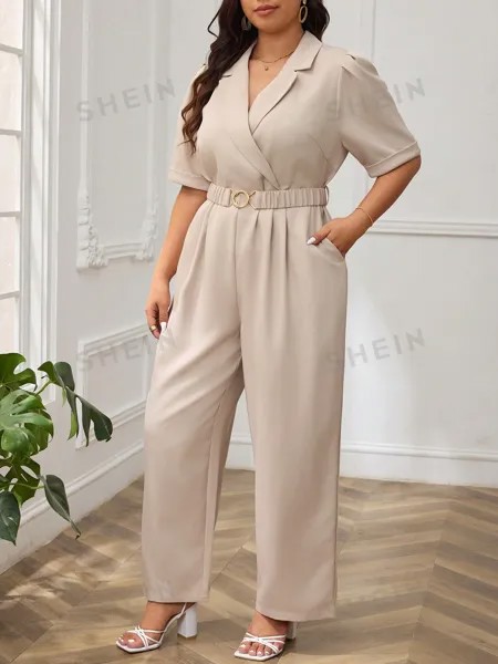 Frenchy Короткий комбинезон, карманы, воротник, открытые рукава, пояс, цвет хаки, большой размер, на осень, одежда для учителей, одежда для возвращения в школу Shein, хаки