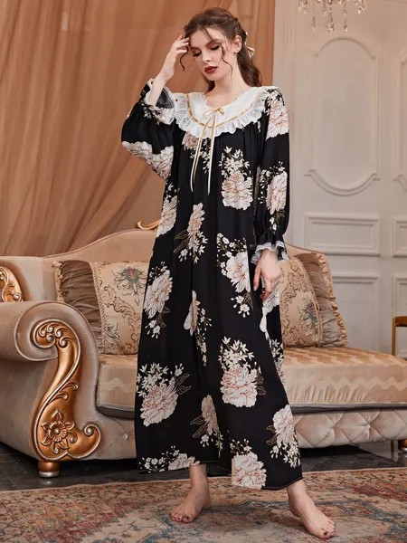 Длинная ночная рубашка Shein Palace Nights Цветочный принт, манжеты с рюшами, манжеты из контрастного кружева Shein, мультиколор