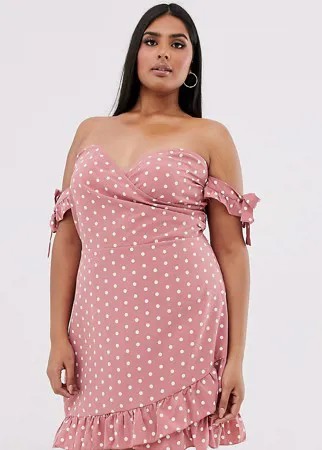Розовое платье мини в горошек с открытыми плечами In The Style Plus x Dani Dyer-Мульти