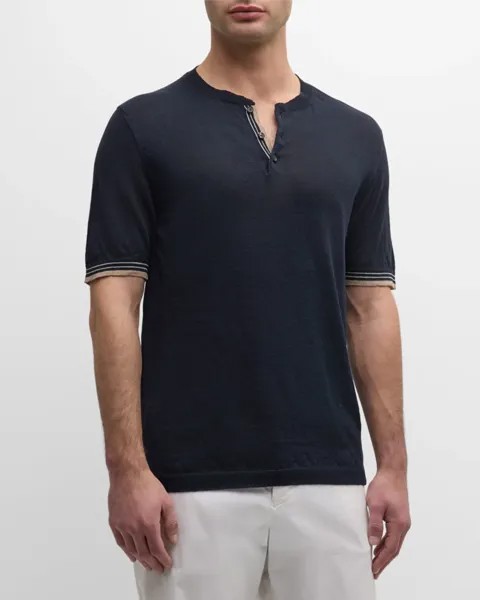 Мужской свитер-поло из льна и хлопка с короткими рукавами Isaia, цвет Dark Blue