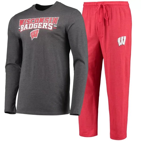 Мужская футболка Concepts Sport Red/Heared Charcoal Wisconsin Badgers Meter с длинными рукавами и брюки, комплект для сна