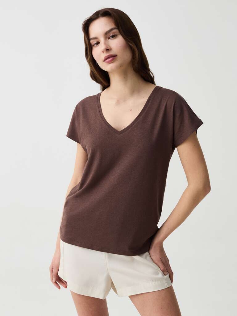 Футболка из льна и хлопка с v-образным вырезом Ovs, цвет brown
