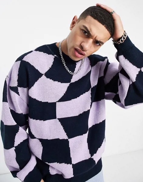 Сиреневый и темно-синий вязаный oversized-джемпер в косую шахматную клетку Topman-Голубой