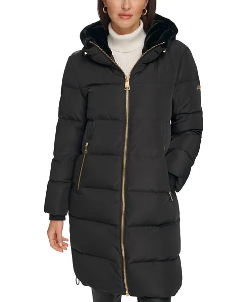 Женское пуховое пальто с отделкой из искусственного меха и капюшоном DKNY, черный