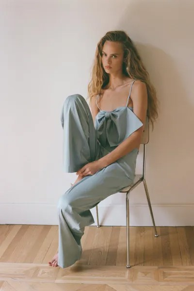 Атласные брюки ZARA, синий/серый