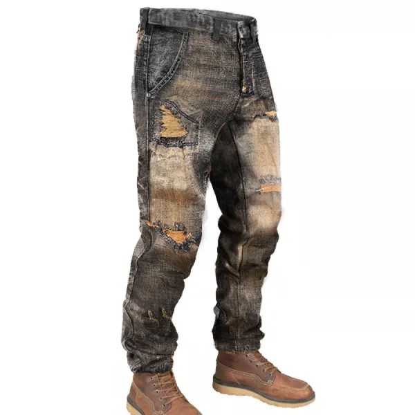Мужские винтажные рваные байкерские джинсы с эффектом потертости