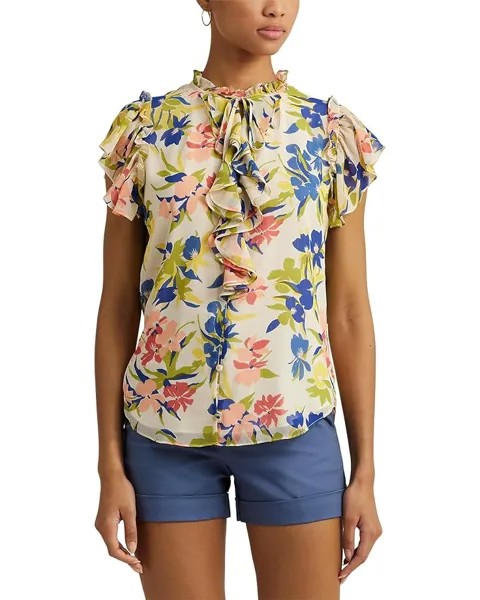Блуза LAUREN Ralph Lauren Floral Ruffle-Trim Georgette, цвет Cream/Blue Multi